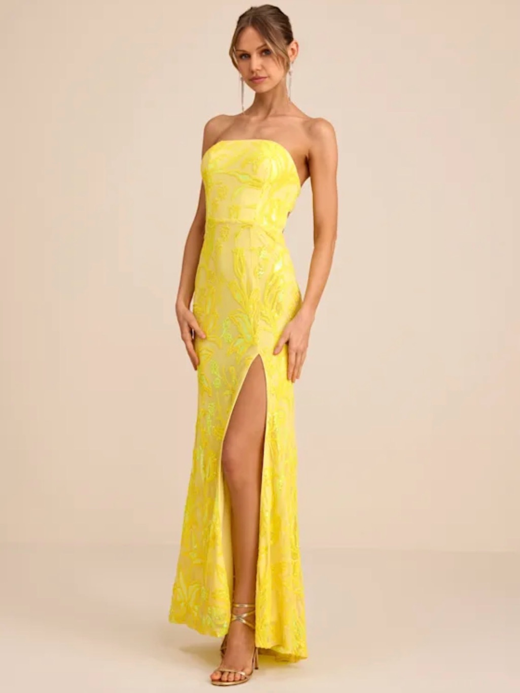 Lulu's Yellow Strapless Sequin Floral Gown